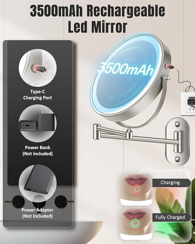30X/1X Wall Mounted Lighted Makeup Mirror, 8'' Double Sided Rechargeable Magnifying Bathroom Mirror with Light, 3 Color Lights Touch Dimmable Extended Arm 360 Rotation Light up Mirrors