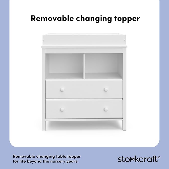 Storkcraft Alpine 2 Drawer Changing Table Chest (White) - Attached Changing Table Topper Fits Any Standard-Size Baby Changing Pad, 2 Drawers, 2 Shelves for Extra Nursery Storage, Easy to Assemble