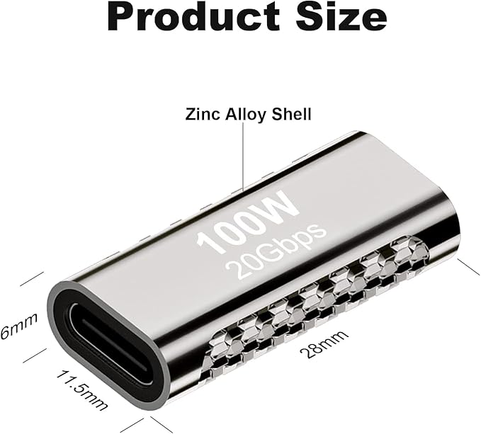 2 pcs Type-C Female Adapter，USB C doule Jack Female to Female Data line Extension Converter，20GBps 100W PD Coupler for Connecting Two Type C Cable(Female to Female)