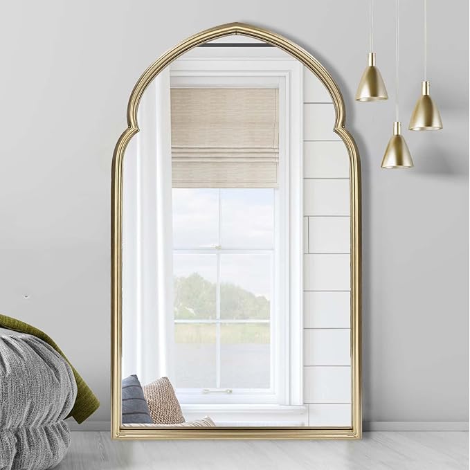ironsmithn Arched Wall Mirror, Gold Bathroom Mirror, Wall Mounted Decorative Mirror, 38" x 22" Modern Art Oblong Mirror for Master Bath Half Bath Living Room Bedroom Fireplace Entryway