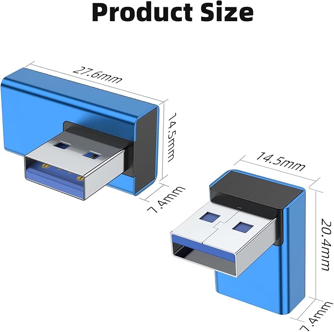 AreMe 90 Degree USB 3.0 Adapter 4 Pack, Up and Down Angle, Left and Right Angle USB A Male to Female Converter Extender for PC, Laptop, Type A Charger, Power Bank and More (Blue)