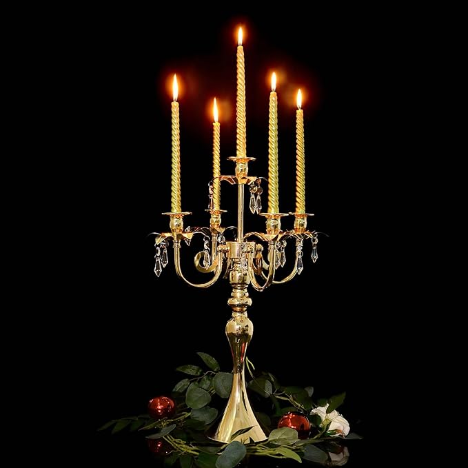 20.3'' Tall 5 Arm Gold Candelabra Centerpiece for Table, Metal &Crysyal Candle Holder, Retro Candelabra/Candlestick Table Centerpieces for Party, Events, Home, Wedding Decor (1pc, Gold)