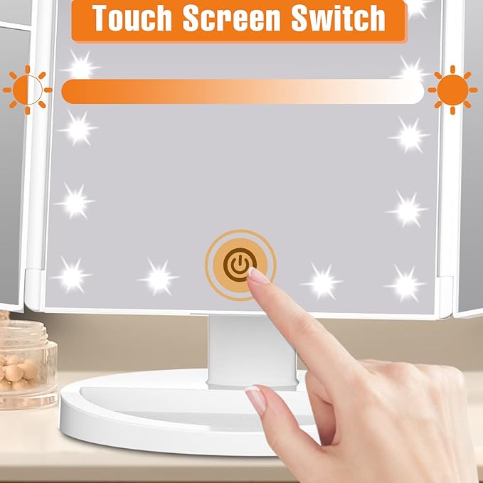 FASCINATE Trifold Vanity Mirror with Lights, Lighted Makeup Mirror 2X/3X Magnification, 21 LED Touch Dimming, Dual Power 180° Rotation Lit Beauty Table Mirror, Make up Mirror with Lighting