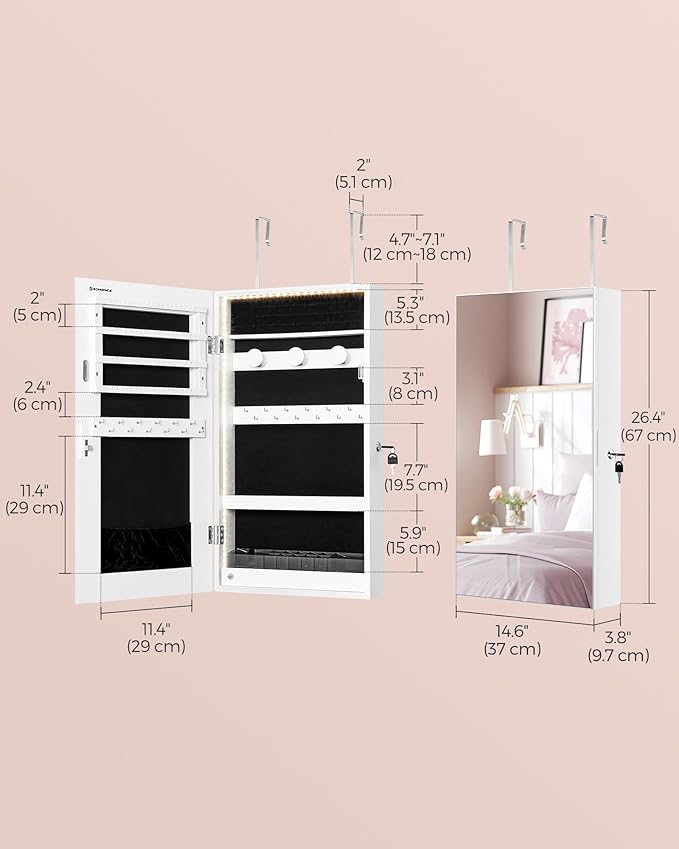SONGMICS Mirror Jewelry Cabinet Armoire with Built-in LED Lights, Wall or Door Mounted Jewelry Storage Organizer, 3.8 x 14.6 x 26.4 Inches Hanging Mirror Cabinet, Gift Idea, White UJJC050W01
