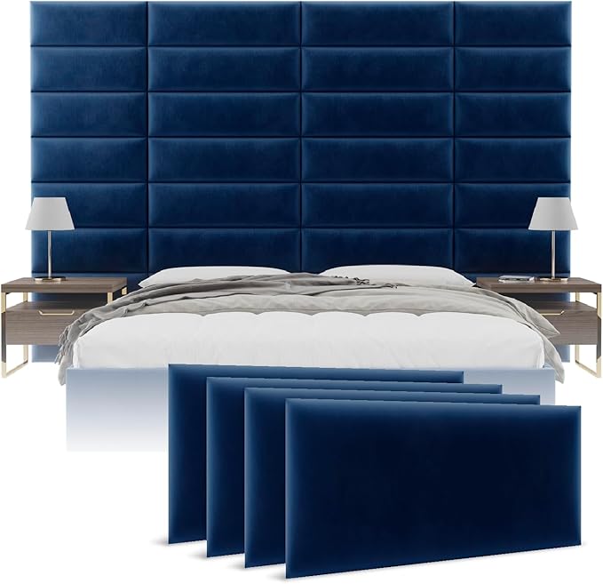 Vänt Upholstered Wall Panels - Queen/Full Size Wall Mounted Velvet Headboards - Velvet Navy - Set of 4 Panels (Each Individual Panel 30"x11.5")