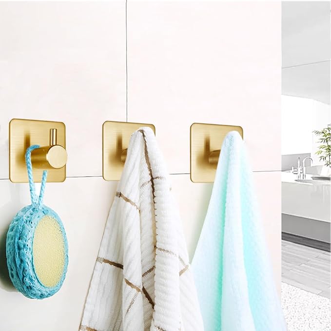 Gold Adhesive Hooks 15LB (Max), Non Tarnish Sticky Hooks for Hanging Towels, Coat, Backpack, Purse, Hat, Key, Self-Adhesive Towel Holder for Shower Closet Bathroom-4 Packs