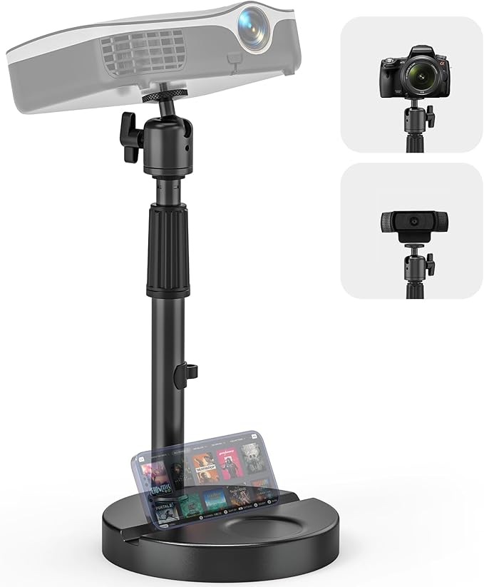 Desktop Projector Stand Table, 11" - 17.7" Extendable Height Stand with Heavy-duty Base and 1/4" Ball Head, 360° Rotation Webcams Projector Mount Holder for Home, Office, Outdoor Projection