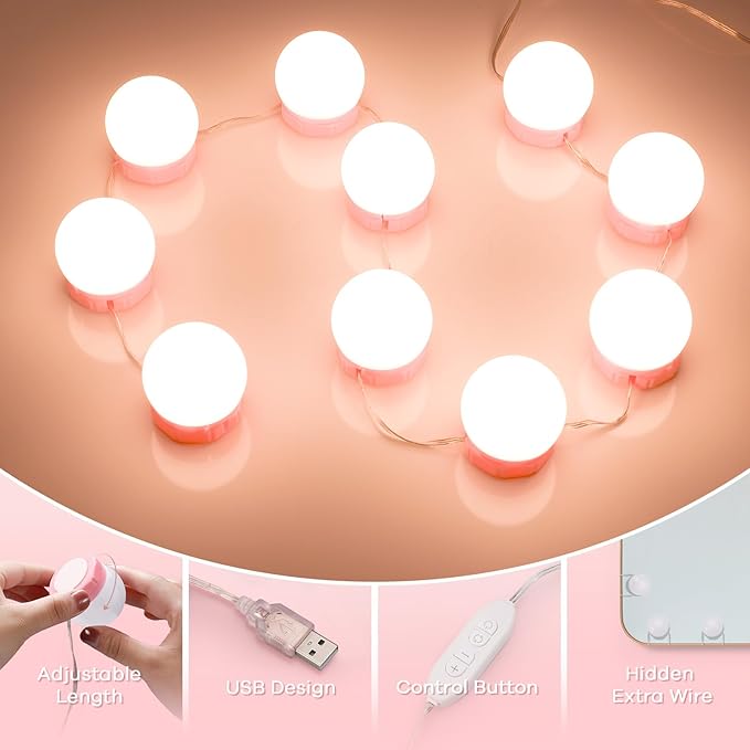 Consciot LED Vanity Lights for Mirror, Hollywood Style Vanity Light with 10 Dimmable Bulbs, Adjustable Color & Brightness, USB Cable, Mirrors Lights Stick on for Makeup Table Dressing Room Mirror