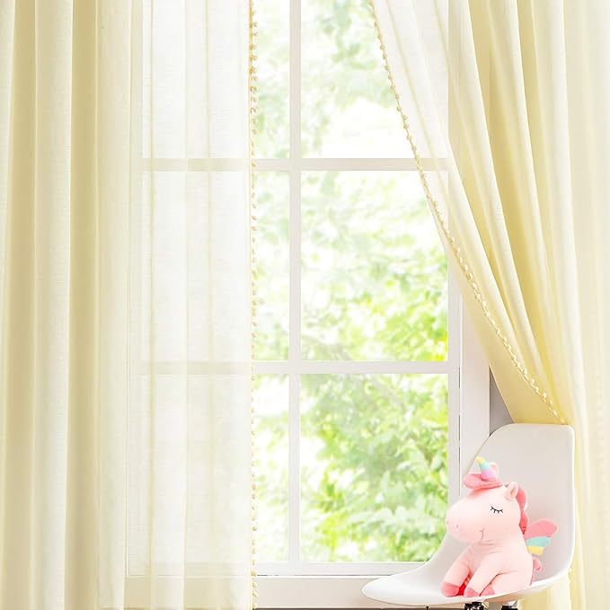Treatmentex Pom Pom Yellow Sheer Curtains for Girl's Room 63" Linen Texture Voile Draperies for Bedroom 52" w 2 Pack
