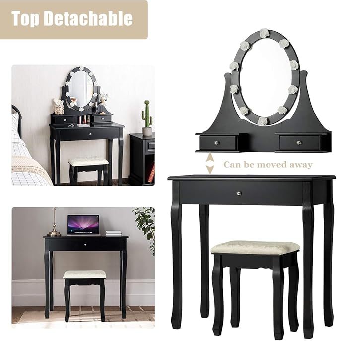 Giantex Vanity Set with Lighted Mirror, Makeup Table with 10 Rose Light, Modern Dressing Desk with Cushioned Stool, 3 Drawers and 360° Rotating Mirror for Bedroom, Vanity Table with Stool (Black)