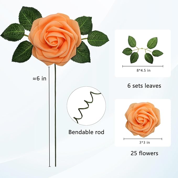 JOYLEX Artificial Flowers Realistic Roses, 25pcs Real Looking Fake Roses with Stem for DIY Wedding Bouquets Centerpieces Bridal Shower Party Romantic Decorations (25pcs, Orange)