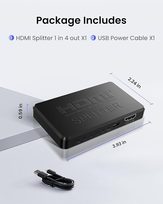NEWCARE HDMI Splitter 1 in 4 Out Support Mirror 1 Source Screen to 4 HDM-I Display Devices(Not Extend), 4 Port Hdmi Splitters for 3D,1080P, UHD TV(Not Include HDMI Cable)