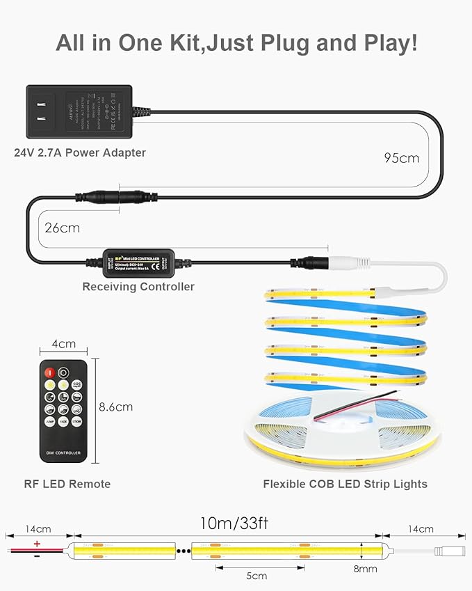 ALITOVE 32.8ft COB Led Strip Light White 6500K Super Bright 24V LED Strip Lights with Remote Dimmable 3200LEDs CRI90+ Uniform Glow LED Tape Light for Mirror Under Cabinet Living Room Study Wardrobe