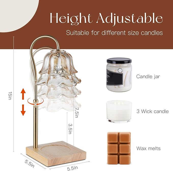 Candle Warmer Lamp with Timer: Flower Gold Candle Lamps Height Adjustable Wax Melt Home Decor House Warming Christmas Gift for Women