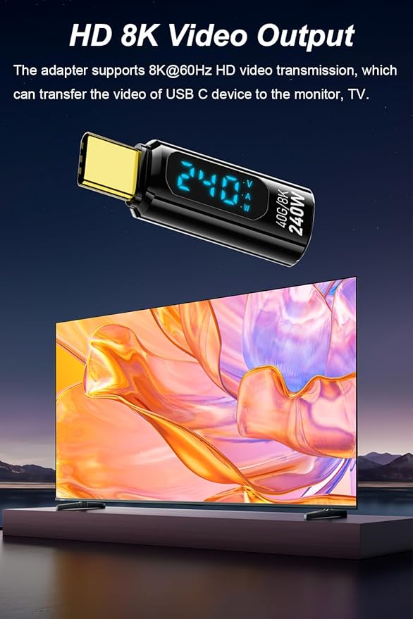 2 Pack USB C Adapter with Digital Display, PD 240W USB-C Male to Female Connector for iPhone 15 Series, iPad, MacBook, Support Voltage, Current and Power Smart LED Display (Black)