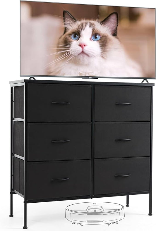 Sweetcrispy Dresser for Bedroom with 6 Storage Drawers, Fabric Storage Tower Organizer, Chest of Drawers with Metal Frame Wooden Top for Closet, Living Room, Entryway, Black