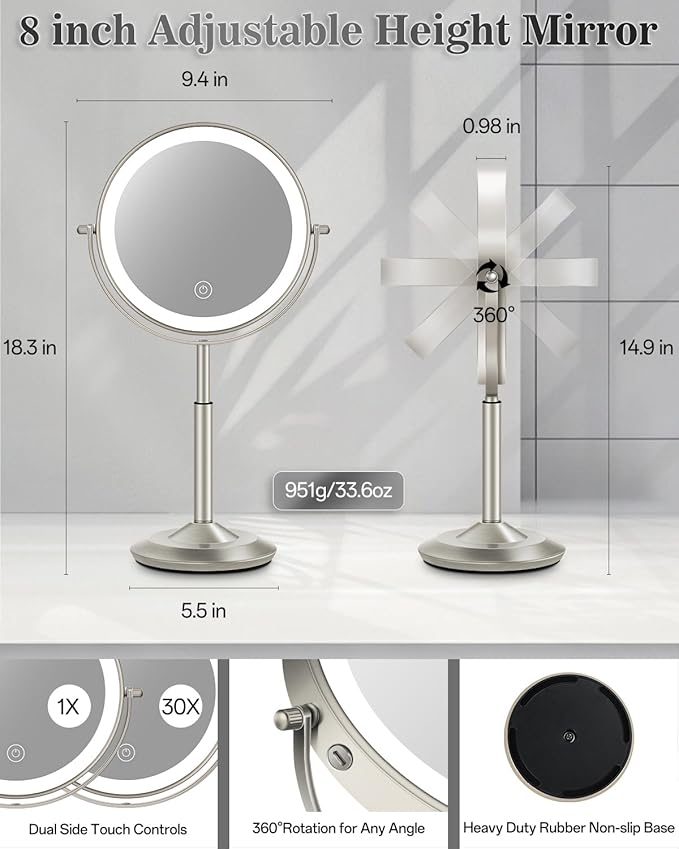 Makeup Mirror with Lights, 1X/30X Lighted Magnifying Mirror Height Adjustable, 3000mAh Rechargeable Double Sided Vanity Mirrors with 3 LED Lighting and Adjustable Brightness for Desk Women Gift