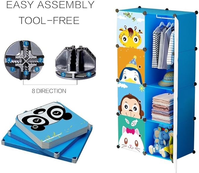 MAGINELS Children Wardrobe Kid Dresser Cute Baby Portable Closet Bedroom Armoire Clothes Hanging Storage Rack Cube Organizer(Blue, 6 Cube & 1 Rod)