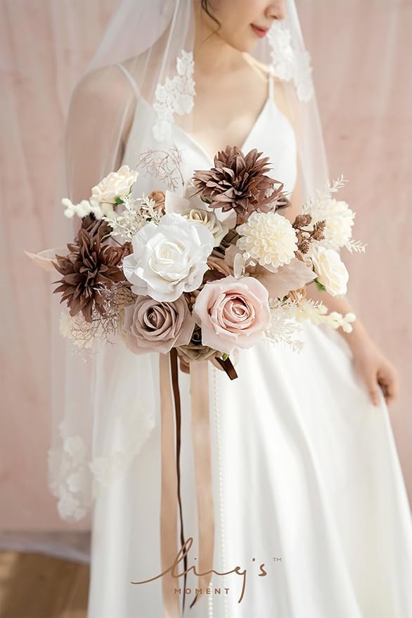 Ling's Moment Artificial Flowers Fake Silk Roses Faux Foam Dahlia Combo for DIY Wedding Bouquets Centerpieces Arrangements Bridal Shower Party Home Decorations, Morandi Peach & Cream, 24pcs