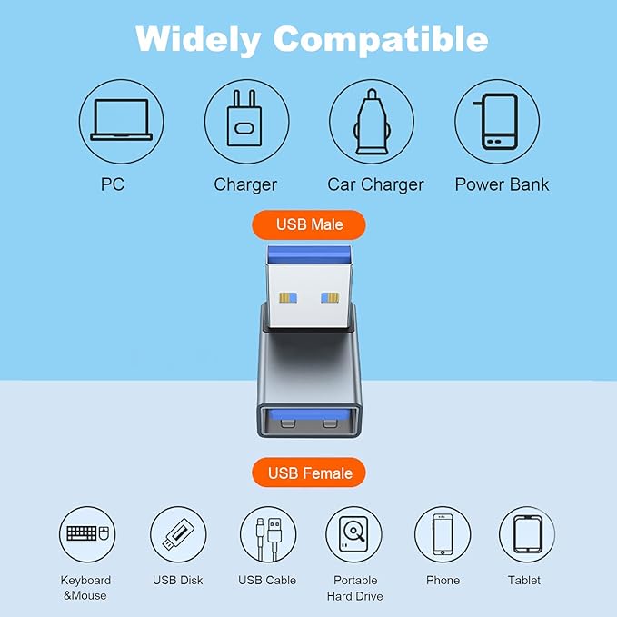 AreMe 90 Degree USB 3.0 Adapter 2 Pack, Up and Down Angle USB A Male to Female Converter Extender for PC, Laptop, USB A Charger, Power Bank and More (Grey)