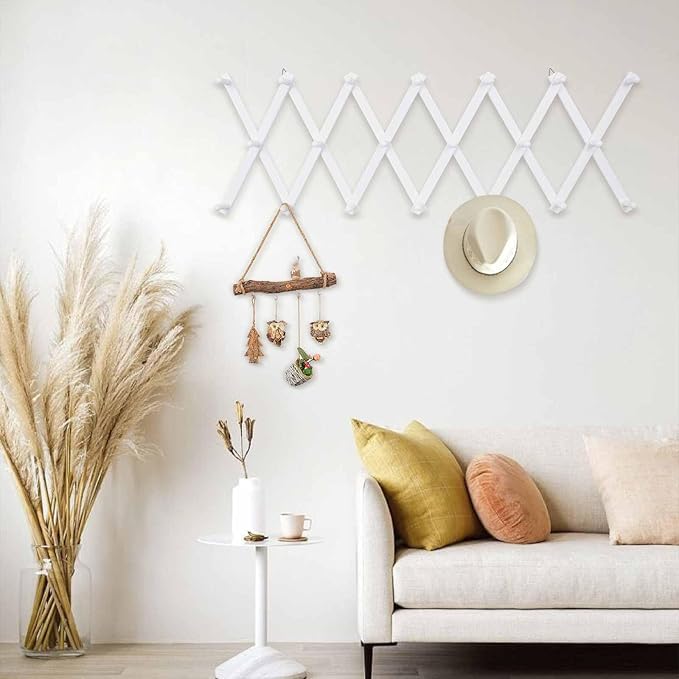 Wall Rack with 20 Hooks, Wooden Wall Expandable Coat Rack for Coat, Hats, Baseball Caps, Coffee Mug, Jewelry(White)
