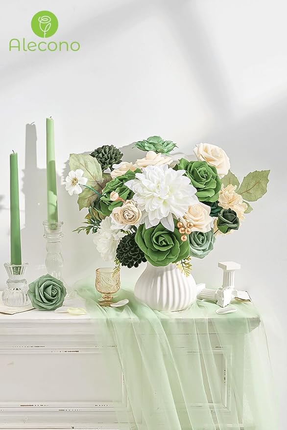 Alecono Artificial Flowers, Silk Fake Green Flowers Combo Box for DIY Cake Wedding Decorations, Faux Flowers for Table Centerpieces Baby Shower Party Home Decor