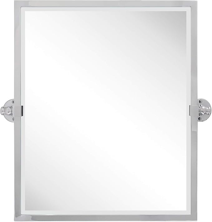 Polished Silver Metal Framed Pivot Rectangle Bathroom Mirror Tilting Beveled Vanity Mirrors for Wall, Overall 23.9 x 24 inches (Mirrror 20 x 24 inches)