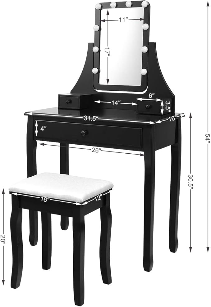 CHARMAID Vanity Set with Lighted Mirror, Makeup Table with 10 LED Dimmable Bulbs, 3 Lighting Sets, 3 Drawers, Bedroom Dressing Table Vanity Desk with Cushioned Stool for Women Girls (Black)