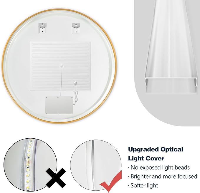 Niccy Round Led Mirror for Bathroom, 36" Backlit Mirror for Wall Circle Lighted Mirror with Gold Frame Anti-Fog, 3 Colors, HD Glass and IP65 Waterproof