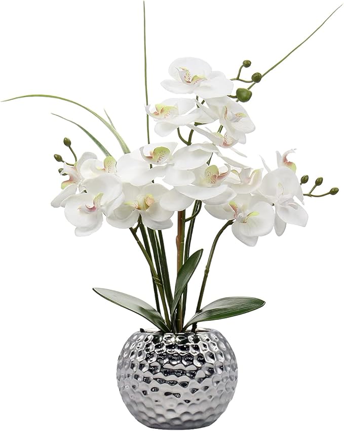 Oairse Artificial White Phalaenopsis Orchid Flower Arrangements 20.8" Faux Orchid Flower in Silver Pot Orchid Centerpiece for Dining Room Table