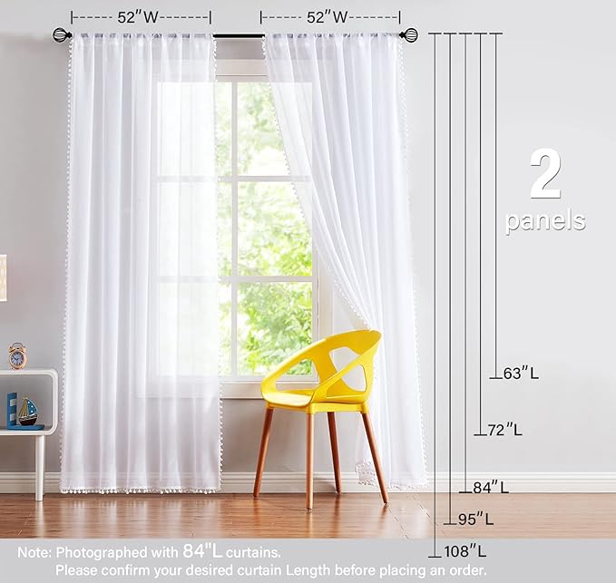 Treatmentex Pompom Sheer White Curtains for Living Room 84" Long Linen Textured Window Curtain Draperies for Bedroom 52" W, 1 Pair