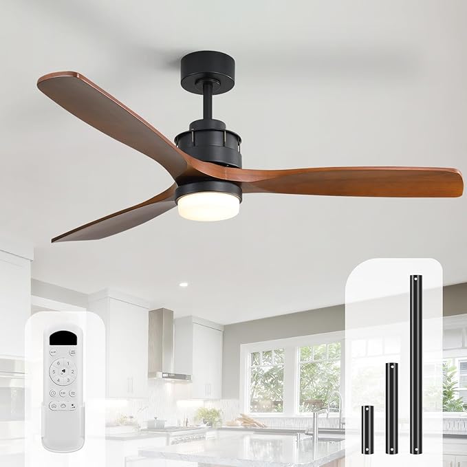 Sofucor Ceiling Fans With Lights, 60 Inch Solid Wood Ceiling Fan With Light and Remote, Indoor/Outdoor Ceiling Fans with Light, Reversible DC Motor, 3 Blade Modern Ceiling Fan Light for Bedroom Patio