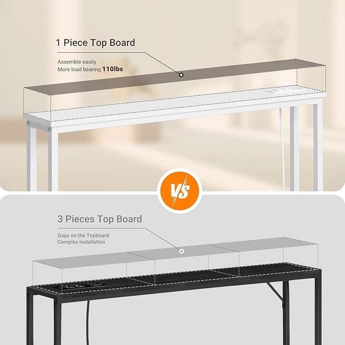 ELYKEN 5.9" Narrow Console Sofa Table with Power Outlets, 5.9" Dx39.4 Wx31.1 H Long Couch Table with Metal Frame and Charge Station with 6.5’ Extension Cord, White