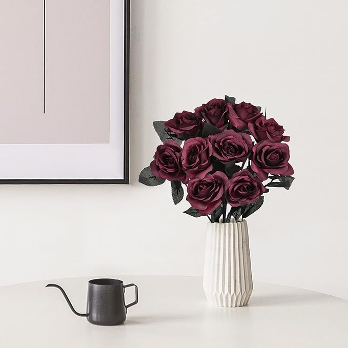 Artflower 10 Pack Artificial Silk Roses Bouquet with Long Stem, 16'' Wine Red Rose Lifelike Fake Rose Flowers for Christmas Wedding Birthday Party Table Centerpieces Decor