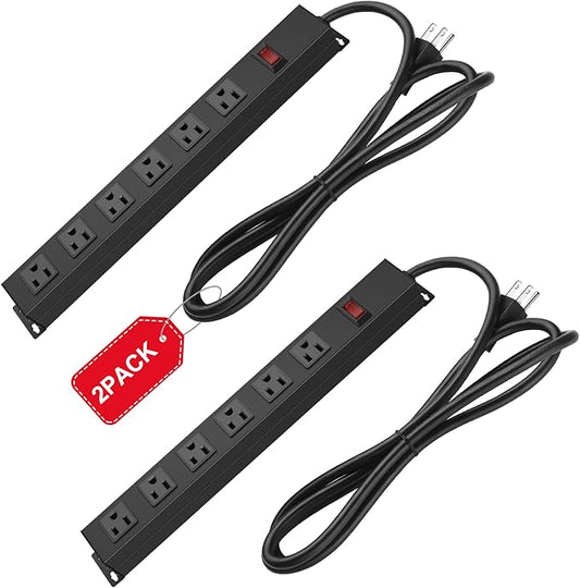 2Pack Metal Wall Mount Power Strip, Mountable Power Outlet with 6 AC Outlets, Aluminum Alloy Mount Power Socket with Switch, 15 FT SJT 3/C 14AWG Power Cord, 15A 125V 1875W (6AC)
