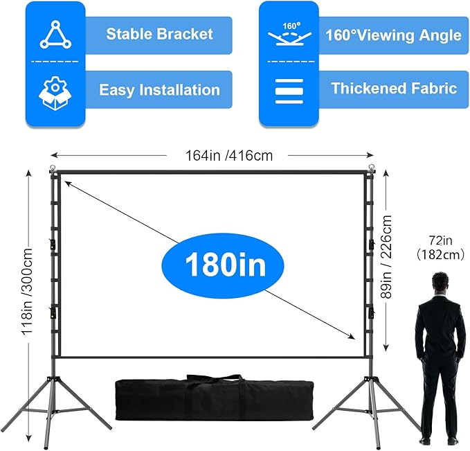 180 inch Outdoor Projector Screen with Stand,DUYIKJ Portable Heavy Duty Bracket 15 FT Large Projector Screen 16:9 4K HD Rear Front Projection Movie Screen with Carry Bag for Home Theater