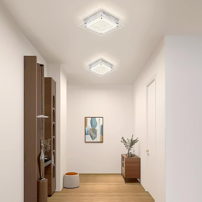 Flush Mount Ceiling Light 11IN Hallway Light Fixtures Ceiling Square Crystal Ceiling Light Fixture Dimmable Light Fixtures for Kitchen, Bathroom, Bedroom, Hallway Ceiling Lights