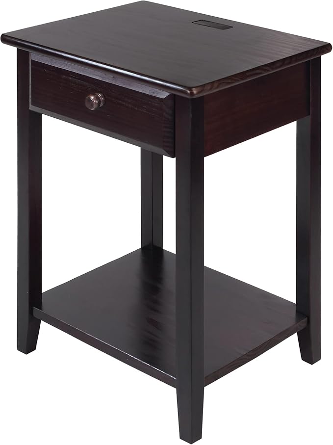 Casual Home Owl Night Stand with USB Port Charging Station and Drawer, 17.5"W x 14.25"D x 24.5"H, Espresso