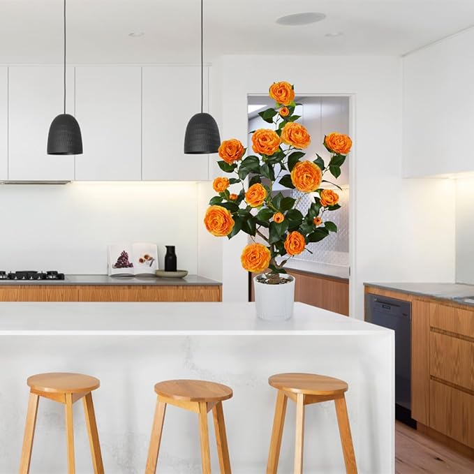 Artificial Camellia Tree 3ft, Fake Plant in White Pot, Faux Camellia Silk Flower Potted Tree for Indoor Outdoor Home Livingroom Office Decor (Orange)