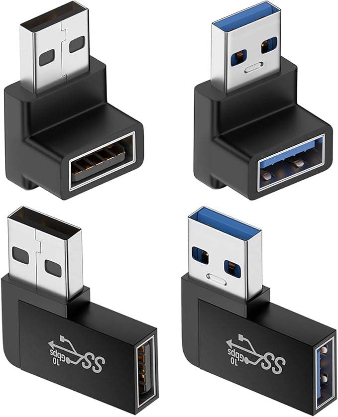 90 Degree USB 3.0 Adapter (4 Pack), Vertical Up and Down Angle, Horizontal Left and Right Angle USB Male to Female Extender Connector