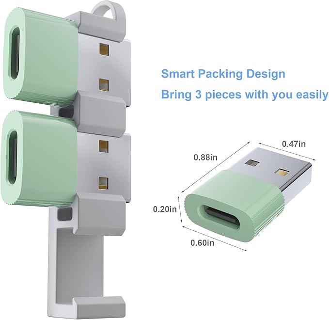 USB to USB C Adapter 3 Pack, Type C Female to A Male Charger Converter for iPhone 15/16/17 Pro Max,iWatch Ultra SE 9 10,Galaxy S25/S24, MacBook, iPad, AirPods,Pixel,PS4,(Green)