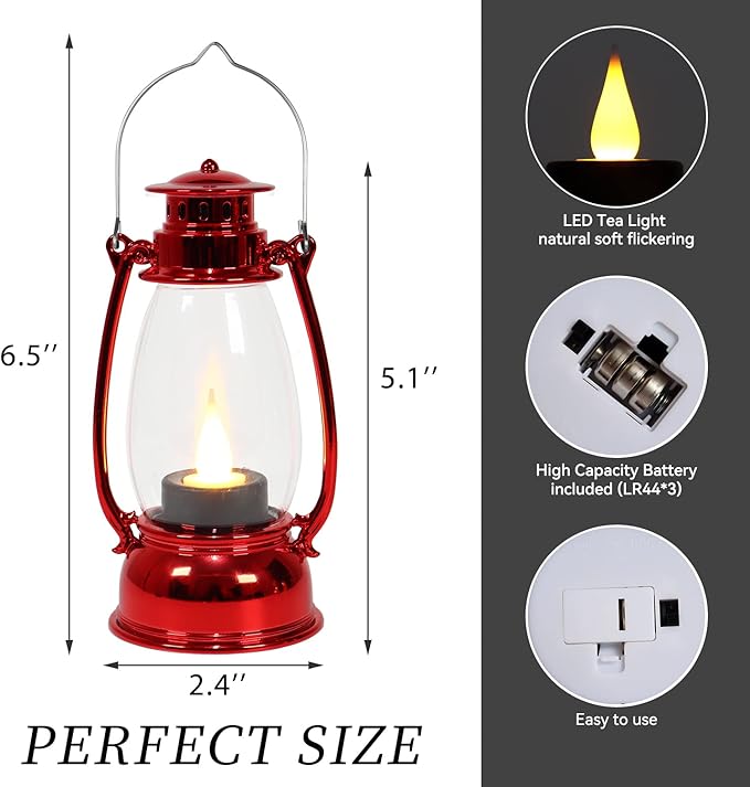 Red Mini Lanterns(12 Pcs-5.1in) with Flickering LED Candle Lights, Vintage Small Western Lanterns for Table Centerpiece, Indoor & Outdoor Christmas Tree Ornaments, Camping Party Decorations