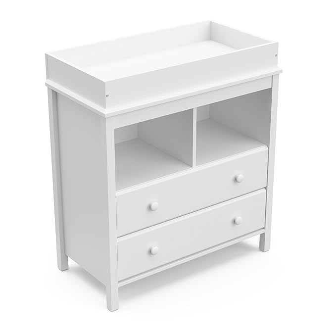 Storkcraft Alpine 2 Drawer Changing Table Chest (White) - Attached Changing Table Topper Fits Any Standard-Size Baby Changing Pad, 2 Drawers, 2 Shelves for Extra Nursery Storage, Easy to Assemble
