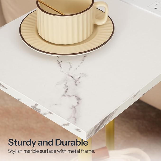 HOOBRO Side Table with Charging Station, Set of 2 End Tables with USB Port and Outlet, Nightstand with 2-Layer Storage Shelves for Small Spaces, Living Room, Bedroom, Gold and Marble DM09UBZP201