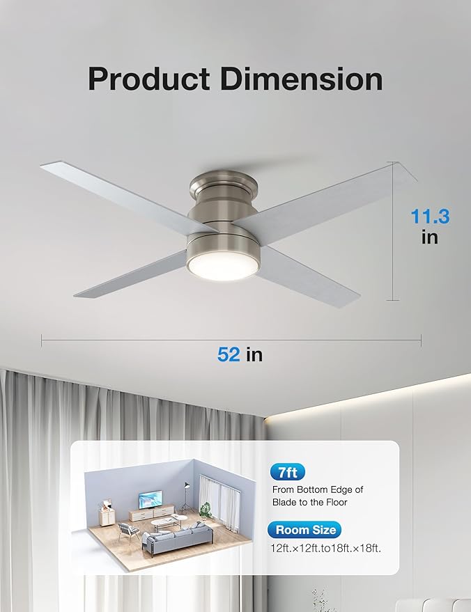warmiplanet Flush Mount Ceiling Fans with Lights and Remote Control, 52-Inch, Brushed Nickel, 4-Blades, 2 Pack