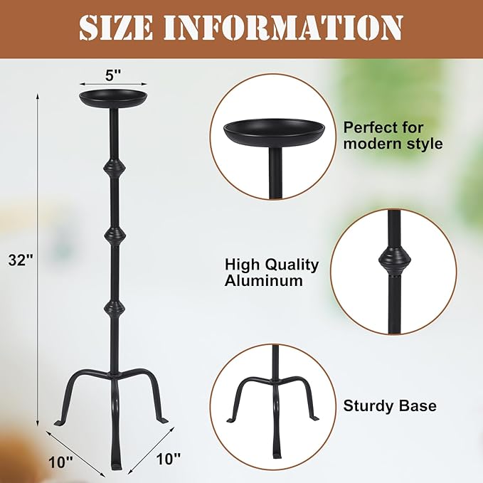 Mumufy 1 Pcs Metal Candlestick Floor Pillar Candleholder Elegant Tall Candleholder Metal Candelabra Candlesticks Holder for Formal Events Wedding Church Holiday Decor (32 Inch,Black)