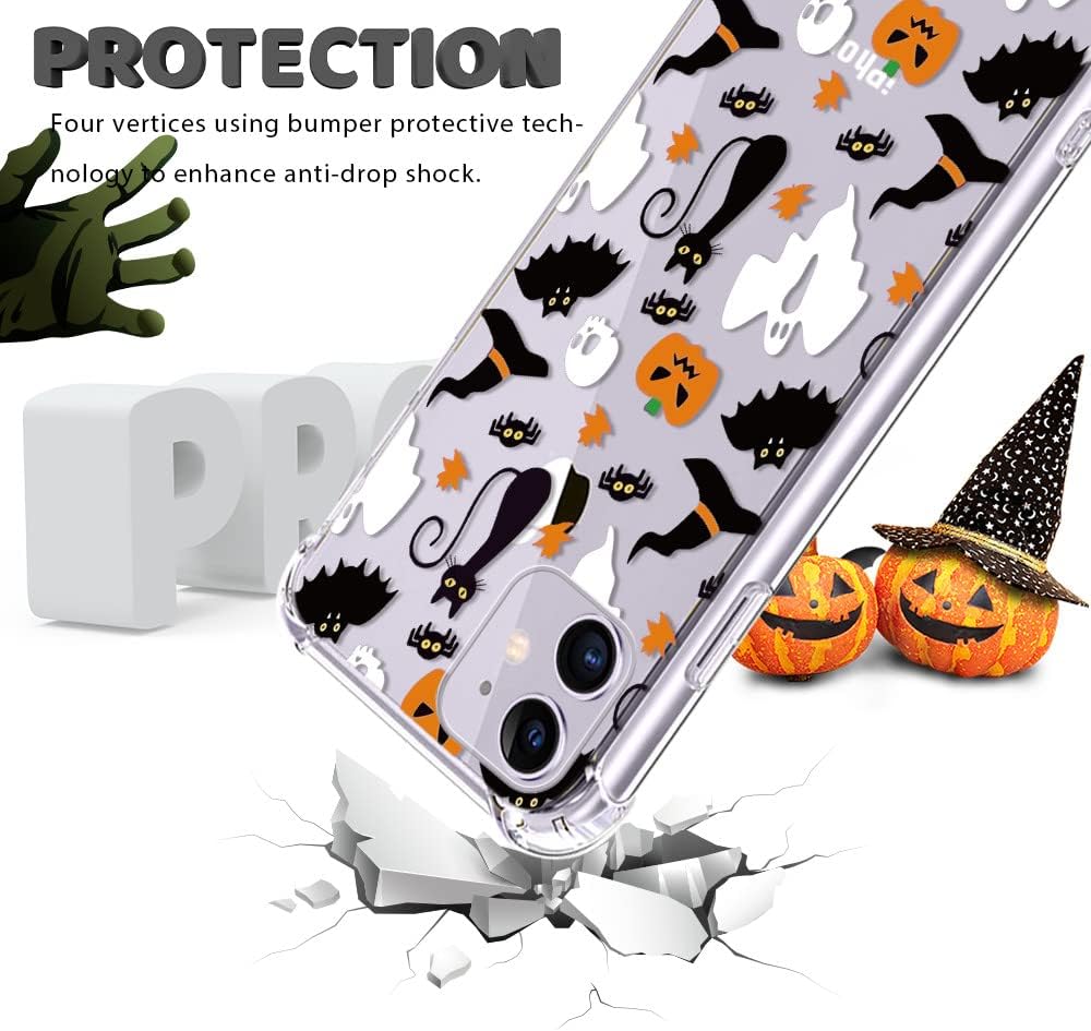 Halloween Clear Phone Case for iPhone 11, Soft TPU Protective Slim Shockproof Cover with Ghost Pumpkin Pattern