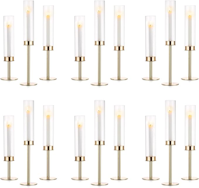 NUPTIO Gold Candlestick Holders Bulk: Set of 18 Glass Hurricane Taper Candle Holders - Decorative Candle Stick Stand for Fall Christmas Fireplace Dining Table Decor
