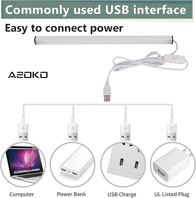 ASOKO Plug-in Under Cabinet Lighting - 12 Inch LED Strip Bar, Cool White 6000k USB Cabinet Light, Slim Undercounter Light for Kitchen/Cupboard/Workbench/Shelf/Desk