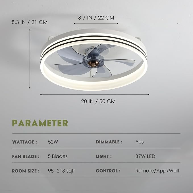 Ceiling Fans with Lights, Flush Mount Ceiling Fan with Lights and Remote, 6 Wind Speeds Smart Low Profile Ceiling Fan for Bedroom, Dining Room and Kitchen 20" (White)
